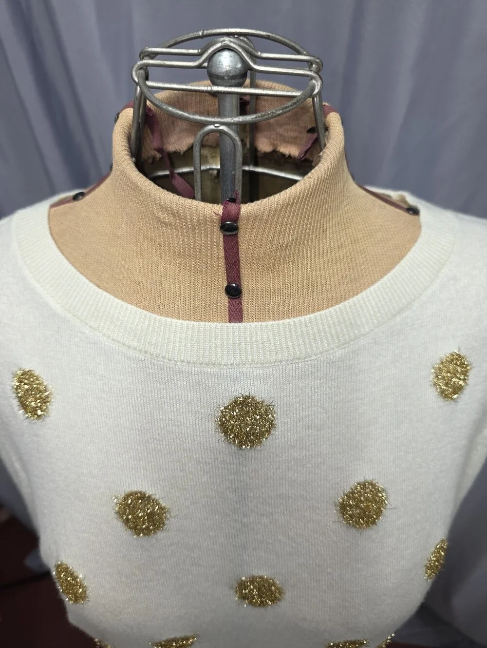 Talbot's Women's Cream Crewneck Sweater with Gold Tinsel Pom-Pom Dots